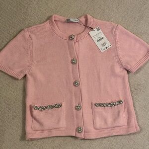 Zara Light Pink Knit Cardigan with Embellished Buttons